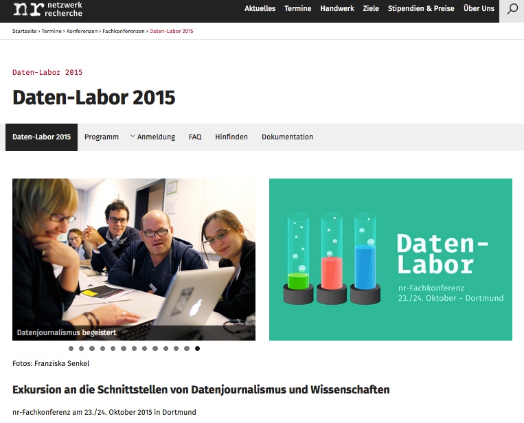 netzwerk-recherche-Seite zum Daten-Labor 2015